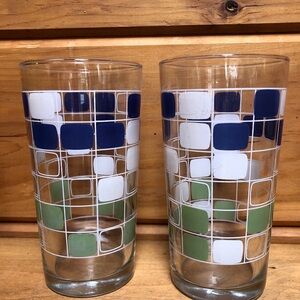 Vintage Cocktail MCM Mid Century Check Glasses Anchor Hawking Grid